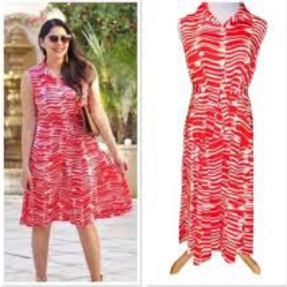 Cabi Red White Brushstroke Sleeveless Button Front Midi Dress Size M - Picture 2 of 11